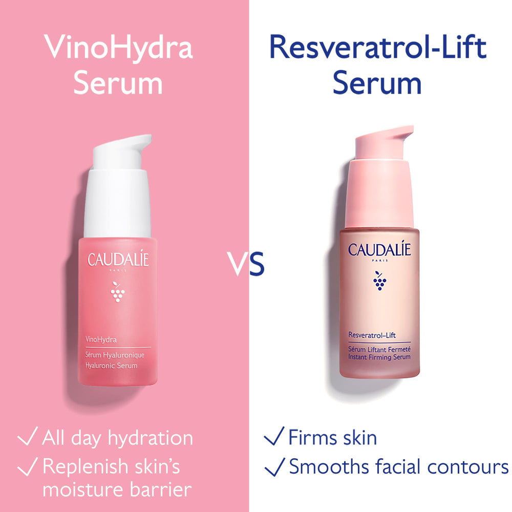 Caudalie VinoHydra serum packaging close-up vegan dermatologically tested.