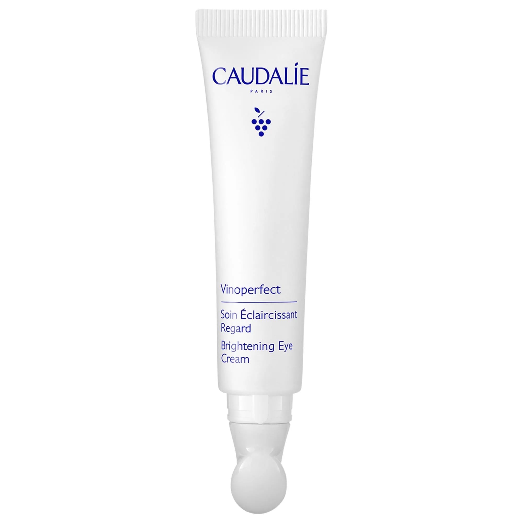 Caudalie Vinoperfect eye cream tube closeup for subtle under-eye brightness.