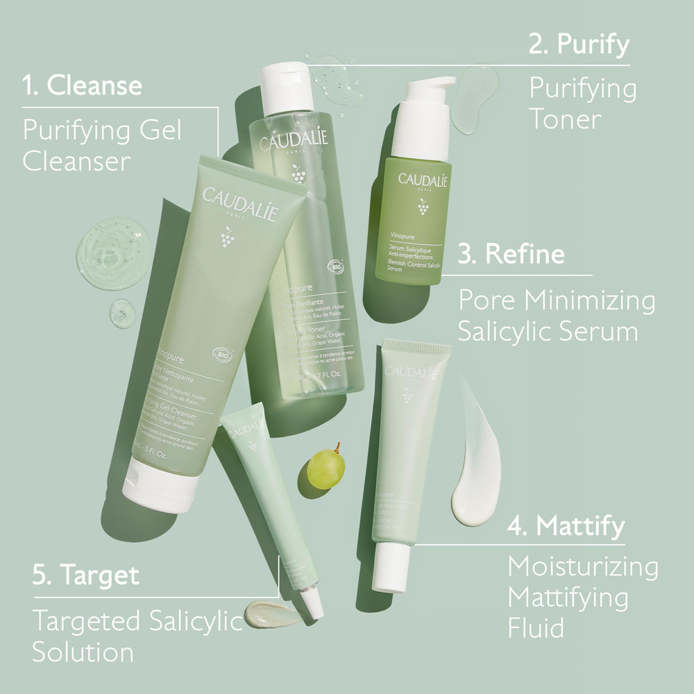 Caudalie Vinopure serum clinical results card hints at tightened pores.