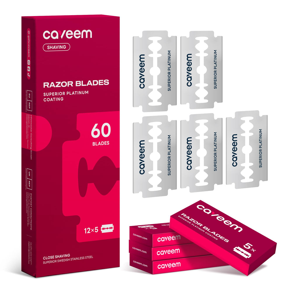 CAVEEM 60-count double-edge blades pack highlighting long-lasting shaves