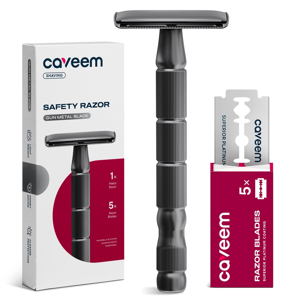 CAVEEM razor with anti-slip handle for secure, comfortable shaving.