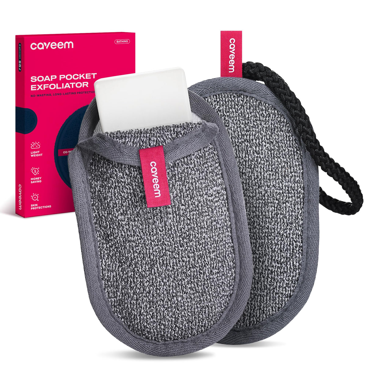 CAVEEM dual-sided soap pouch with cleansing and exfoliating textures for daily skin care.