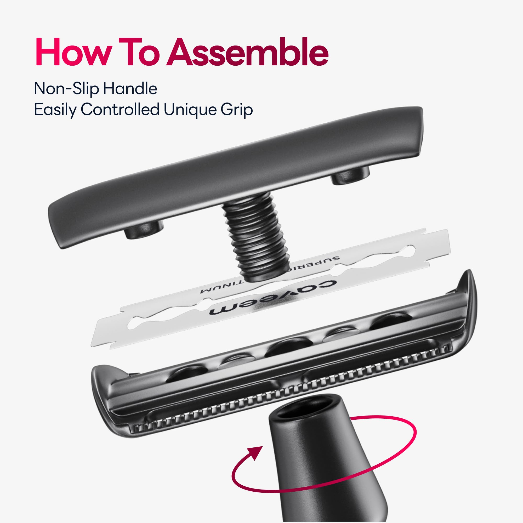 CAVEEM reusable razor shows a non-slip handle for precise passes.