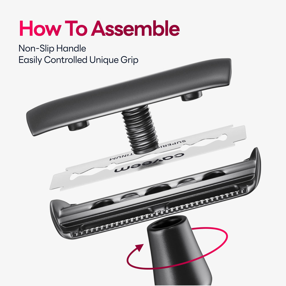 CAVEEM reusable razor shows a non-slip handle for precise passes.