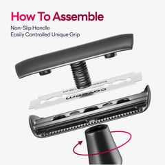 CAVEEM reusable razor shows a non-slip handle for precise passes.
