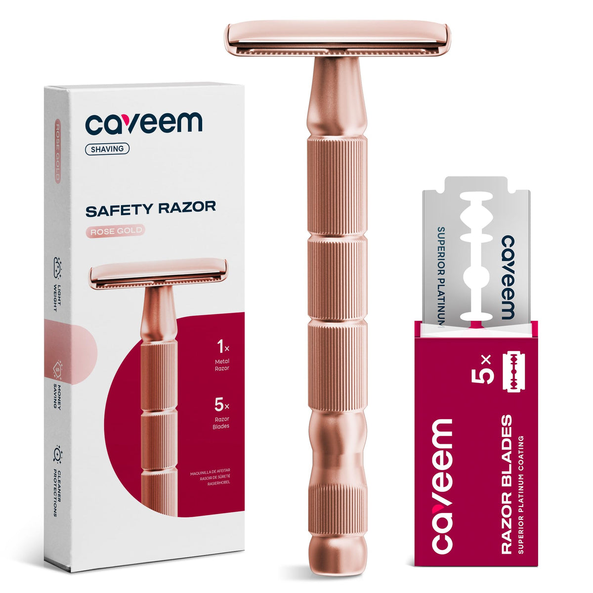 CAVEEM rose gold double-edge razor for a precise, comfortable shave.