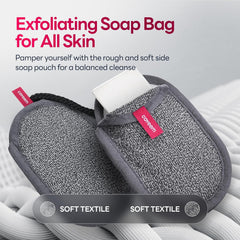 CAVEEM exfoliating side provides mild abrasion for smoother skin.