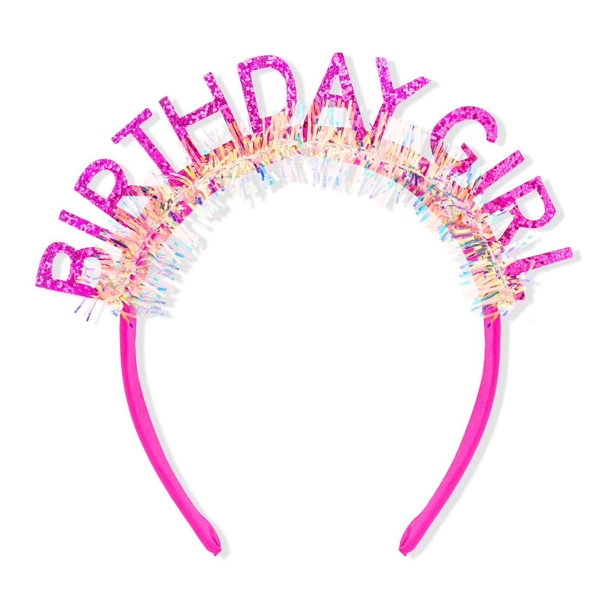 La corona CAVETEE rosa con brillo frontal, ideal para fotos de cumpleaños.