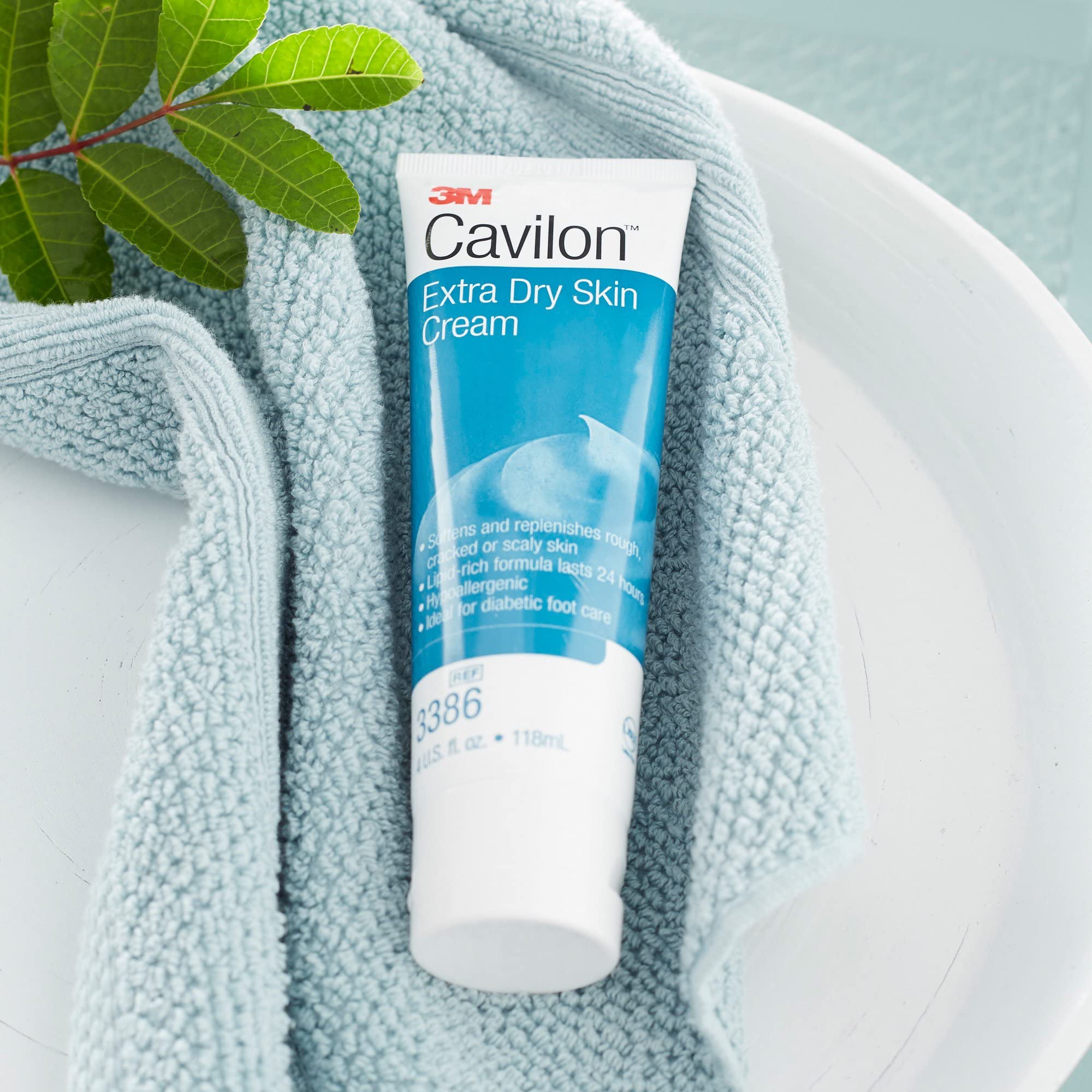 Cavilon extra dry skin cream bottle with smooth texture improving skin feel.