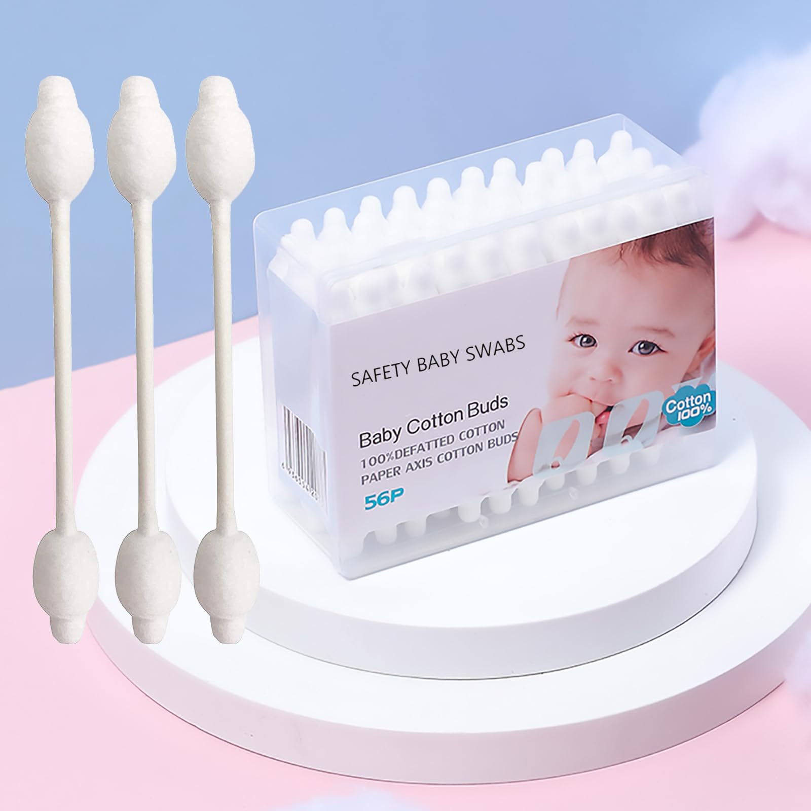 Cayxenful packaging showing safety swabs with large tips for organized baby care.