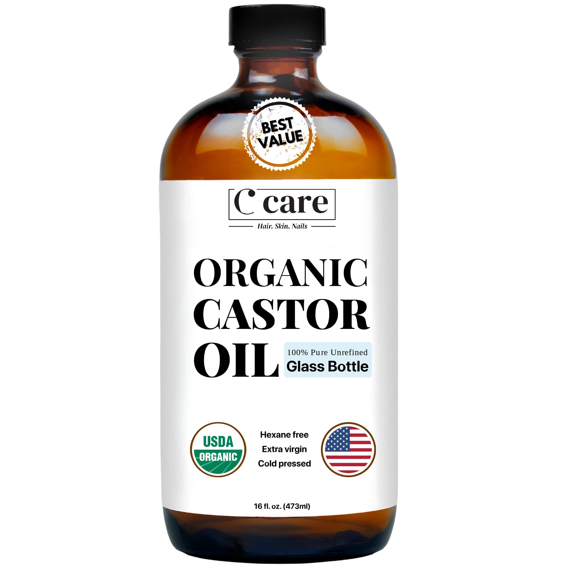 C CARE Aceite de ricino en botella de vidrio ámbar para uso diario.