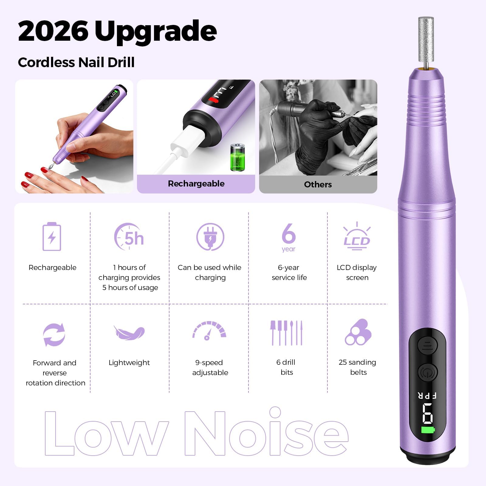 Ccigedy cordless nail drill side view with USB-C charging