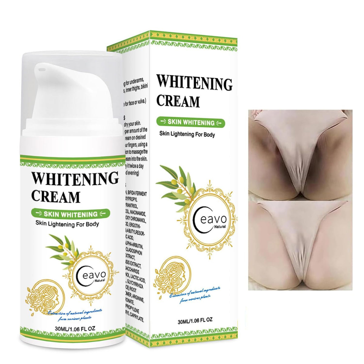 Ceavo crema aclaradora para zonas íntimas, botella de 30 ml lista para uso diario.