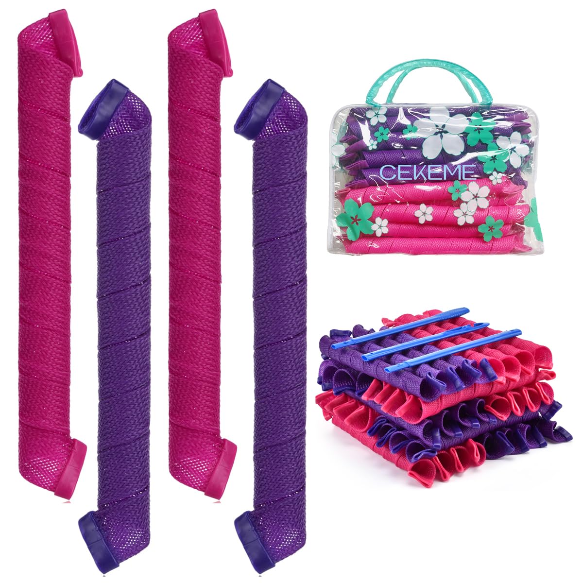 CEKEME heatless spiral rollers with 40 pieces for no-heat styling.
