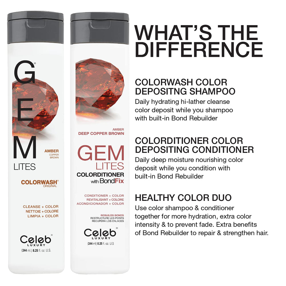 At-home haircare routine using Gem Lites Amber Colorwash for color maintenance