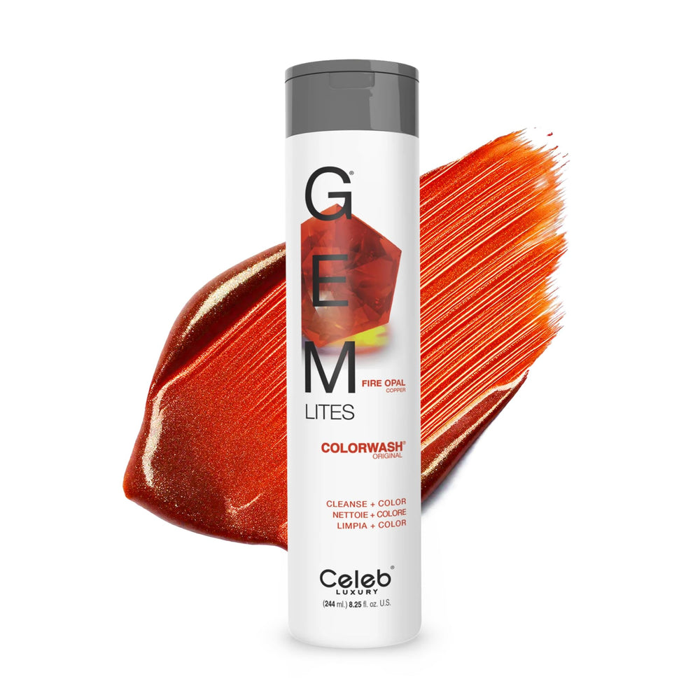 Celeb Luxury Gem Lites Fire Opal bottle highlights color-depositing shampoo for vibrant at-home color