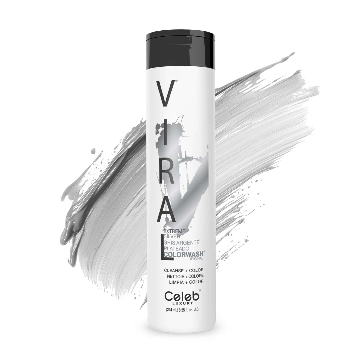 Celeb Luxury Viral Colorwash Extreme Silver bottle deposits color while cleansing for fresh silver tones.