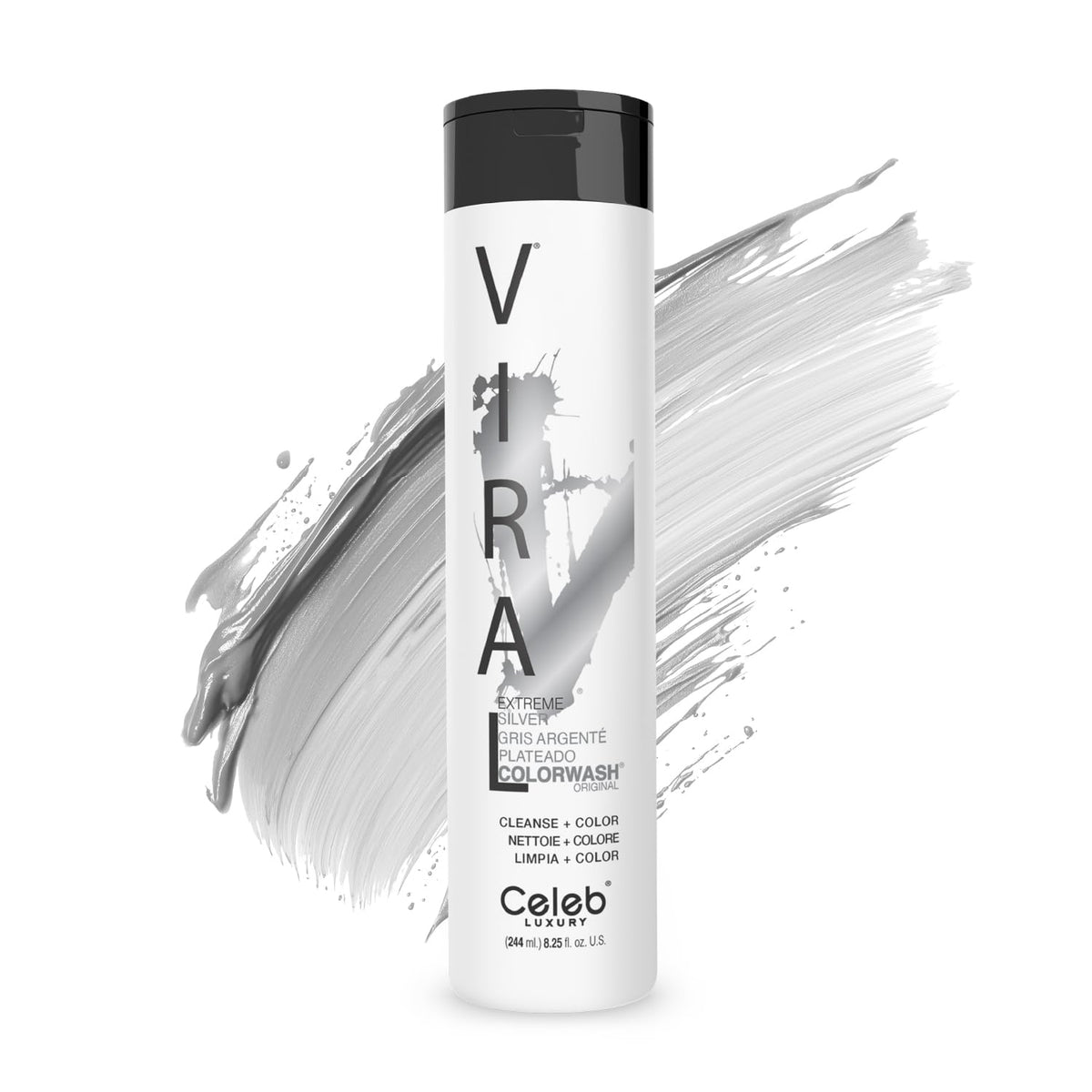 Celeb Luxury Viral Colorwash Extreme Silver bottle deposits color while cleansing for fresh silver tones.