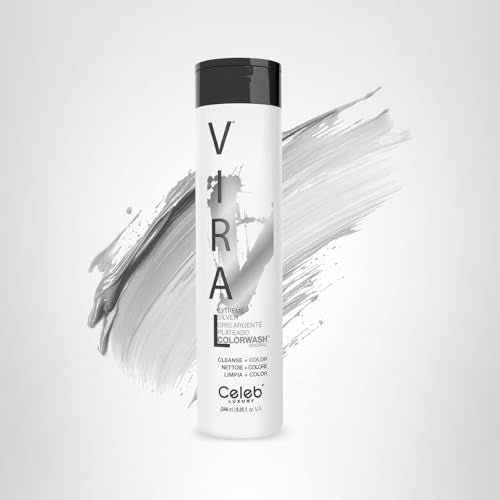Celeb Luxury Viral Colorwash Extreme Silver hair swatches show vibrant silver tones.