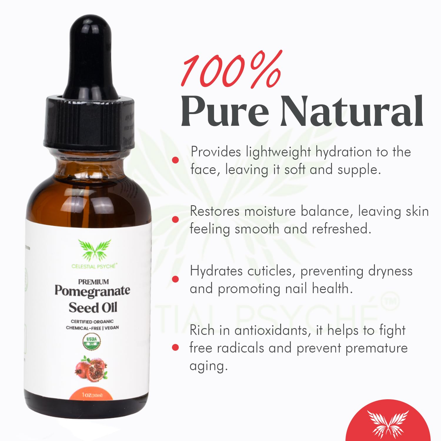Celestial Psyché Aceite de granada natural, sin aditivos para una piel radiante.