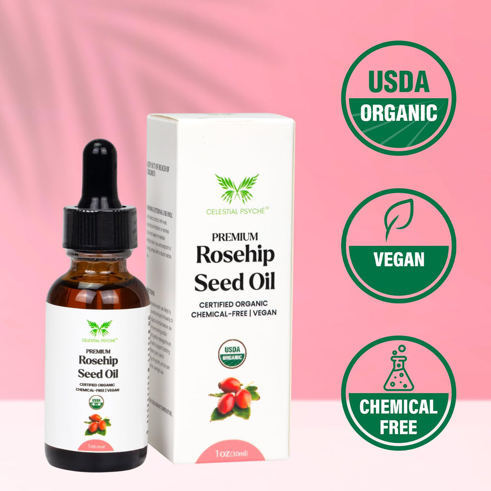 Rosehip oil beside skincare routine, suggesting versatile daily use