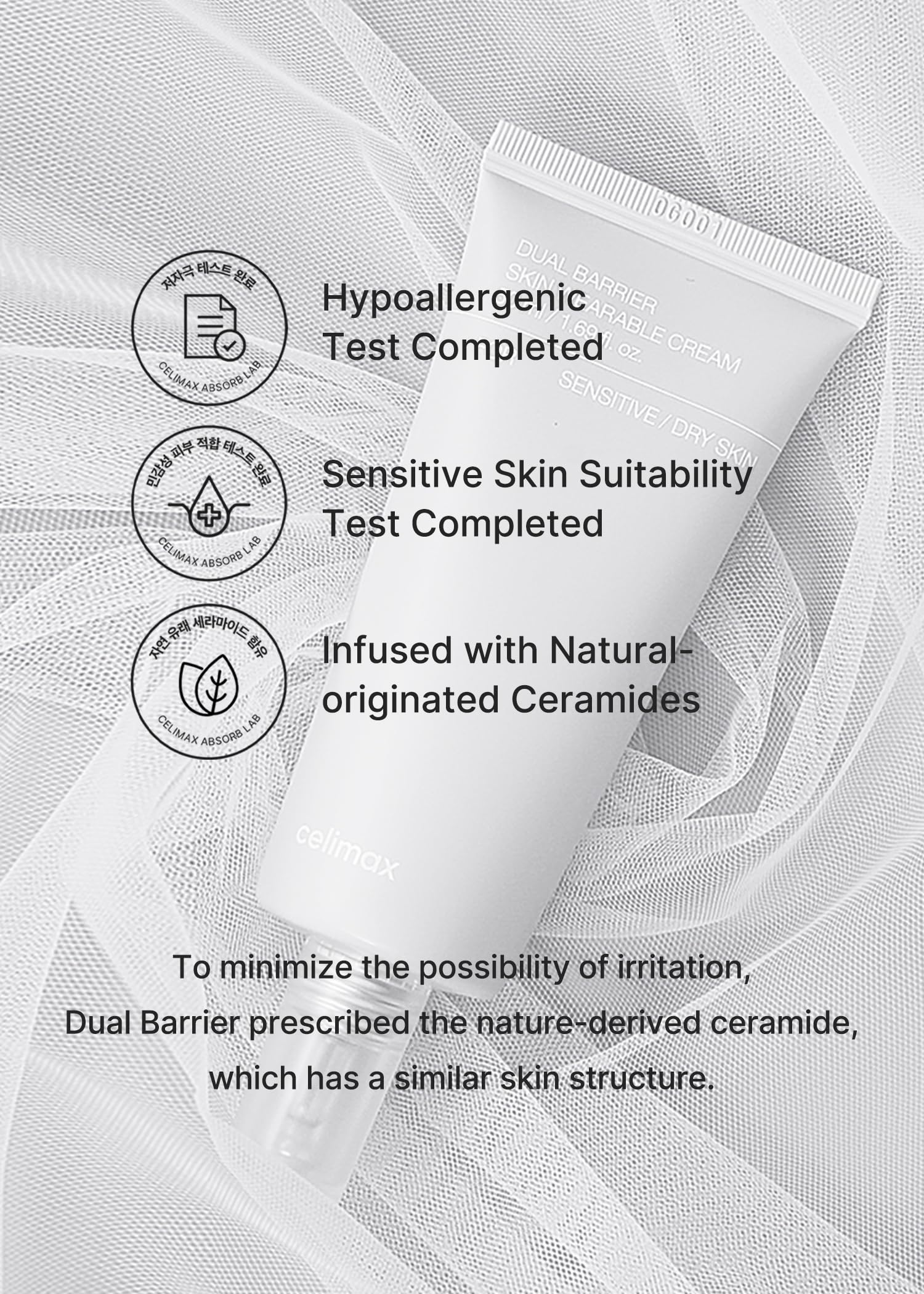 Hidratación de 72 horas con Celimax Dual Barrier Cream en piel seca.