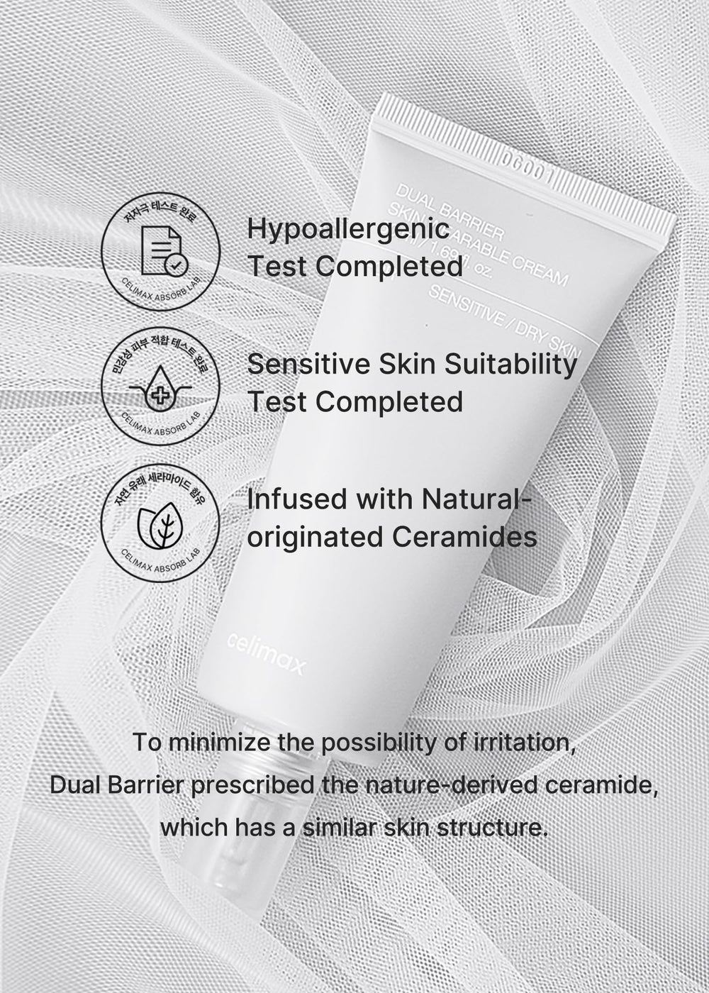 Hidratación de 72 horas con Celimax Dual Barrier Cream en piel seca.