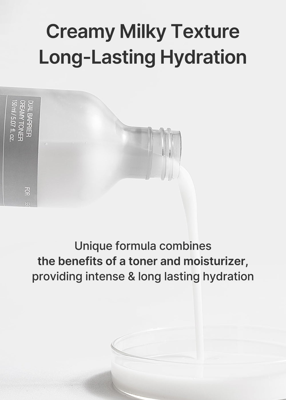 Celimax Dual Barrier Toner, aplicación suave en la palma para uso diario.