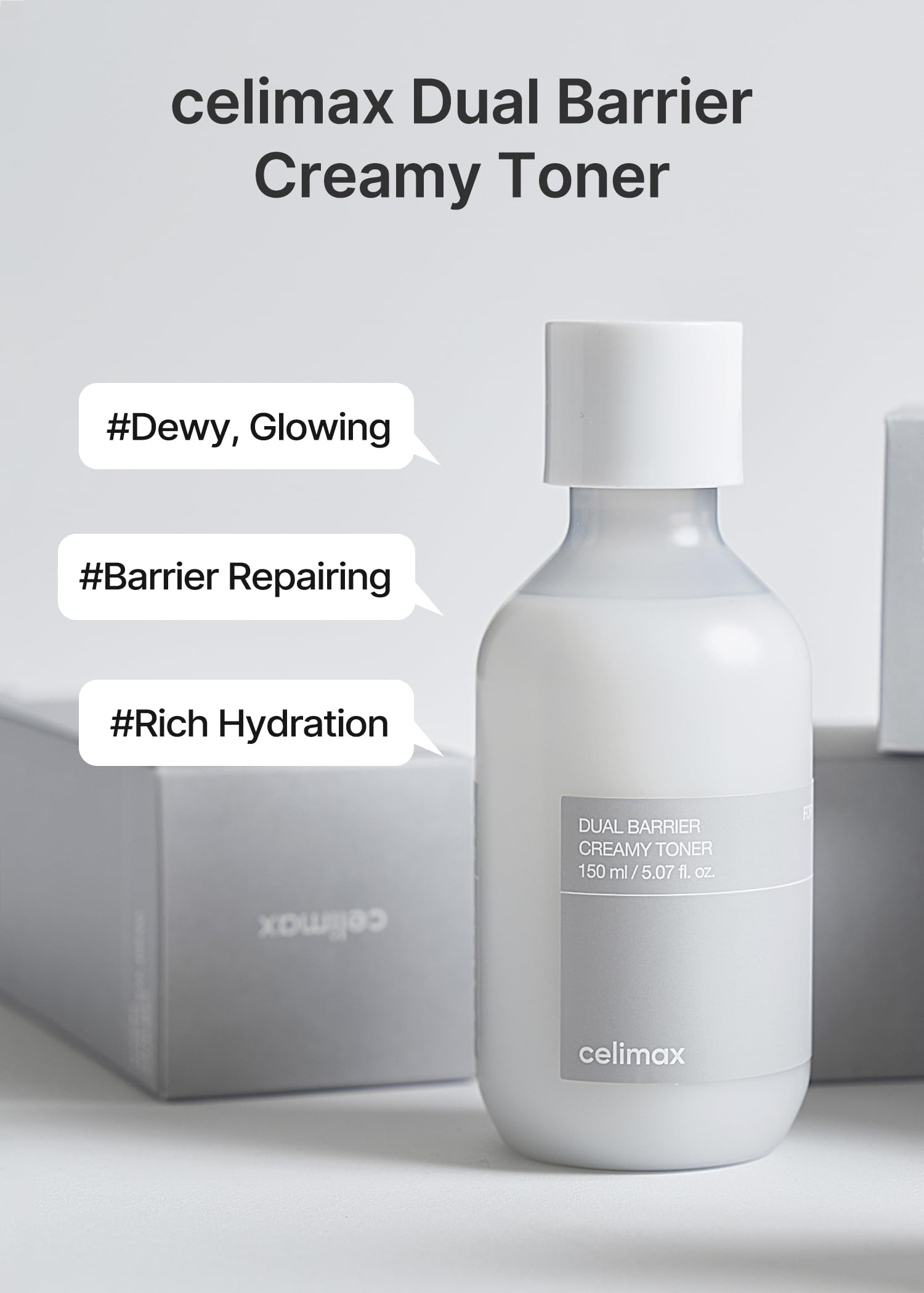 Celimax Dual Barrier Toner, textura lechosa, rápida absorción para piel cómoda.