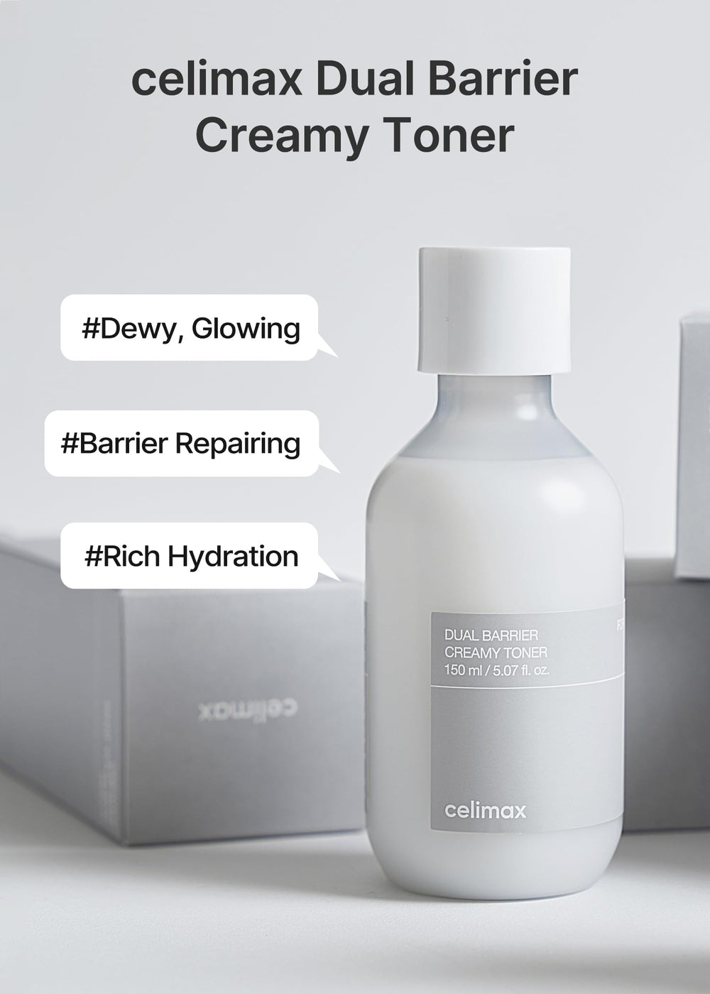 Celimax Dual Barrier Toner, textura lechosa, rápida absorción para piel cómoda.