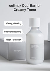 Celimax Dual Barrier Toner, textura lechosa, rápida absorción para piel cómoda.