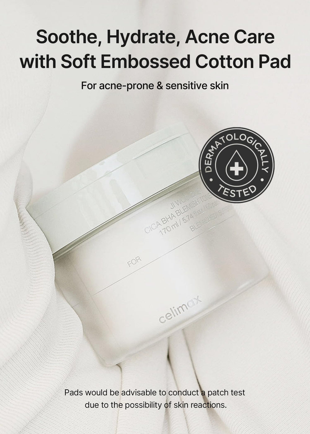 Celimax Ji.Woo.Gae CICA BHA bottle display suggests multi-use toner pads for daily care.