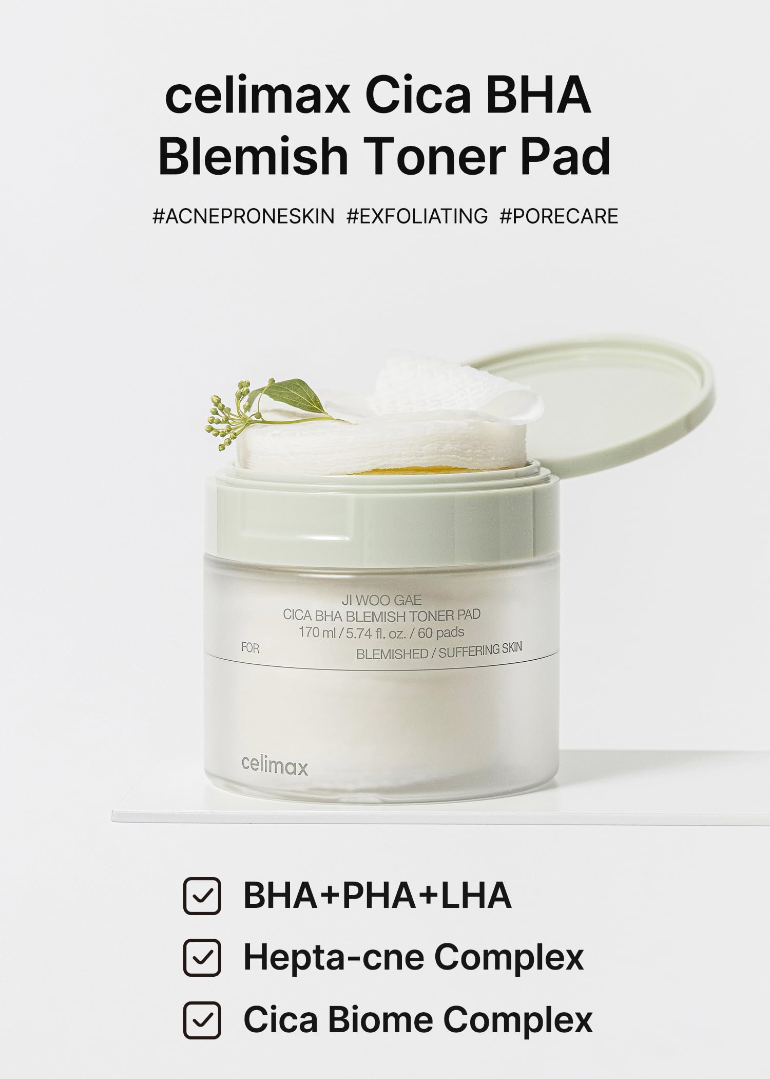 Celimax Ji.Woo.Gae CICA BHA ingredients close-up emphasizes BHA, PHA, LHA with Centella for smoother texture.