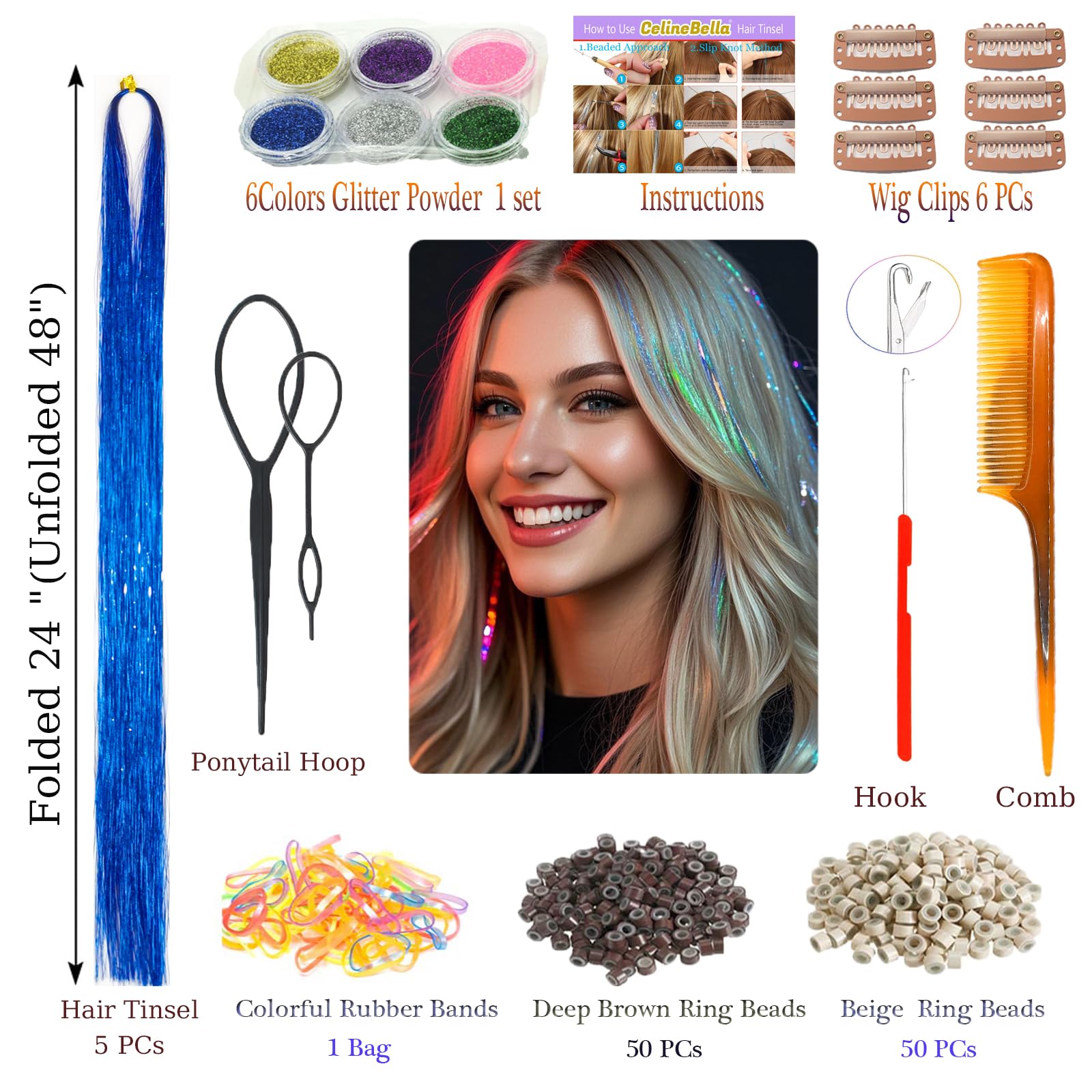 CelineBella fairy hair tinsel extension creates dazzling highlights for events.