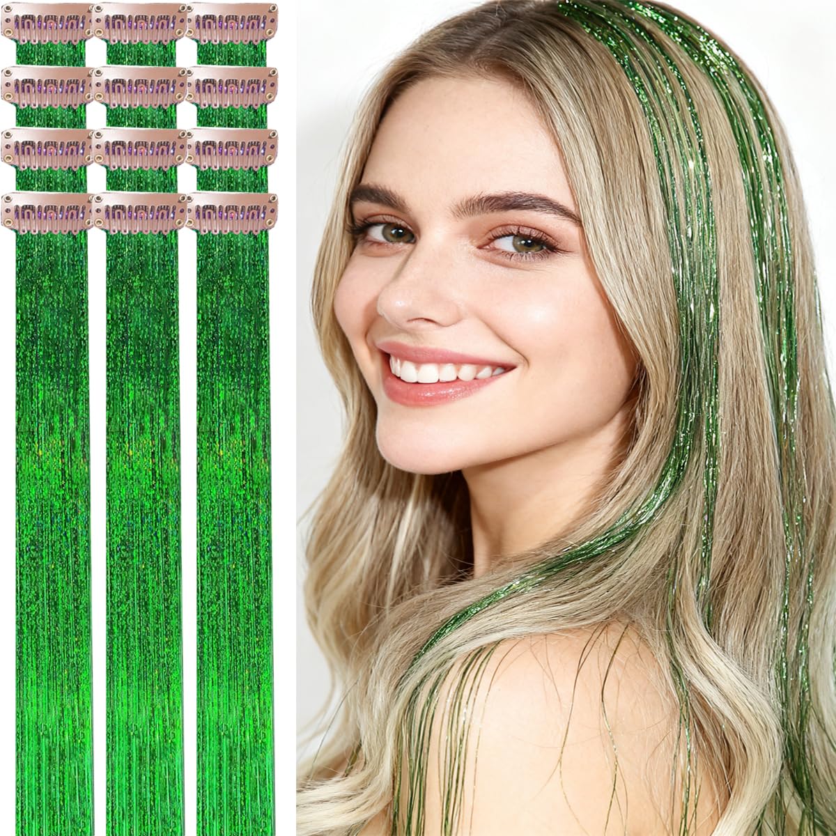 CelineBella green hair tinsel clip-in 24-inch length for vivid festival looks