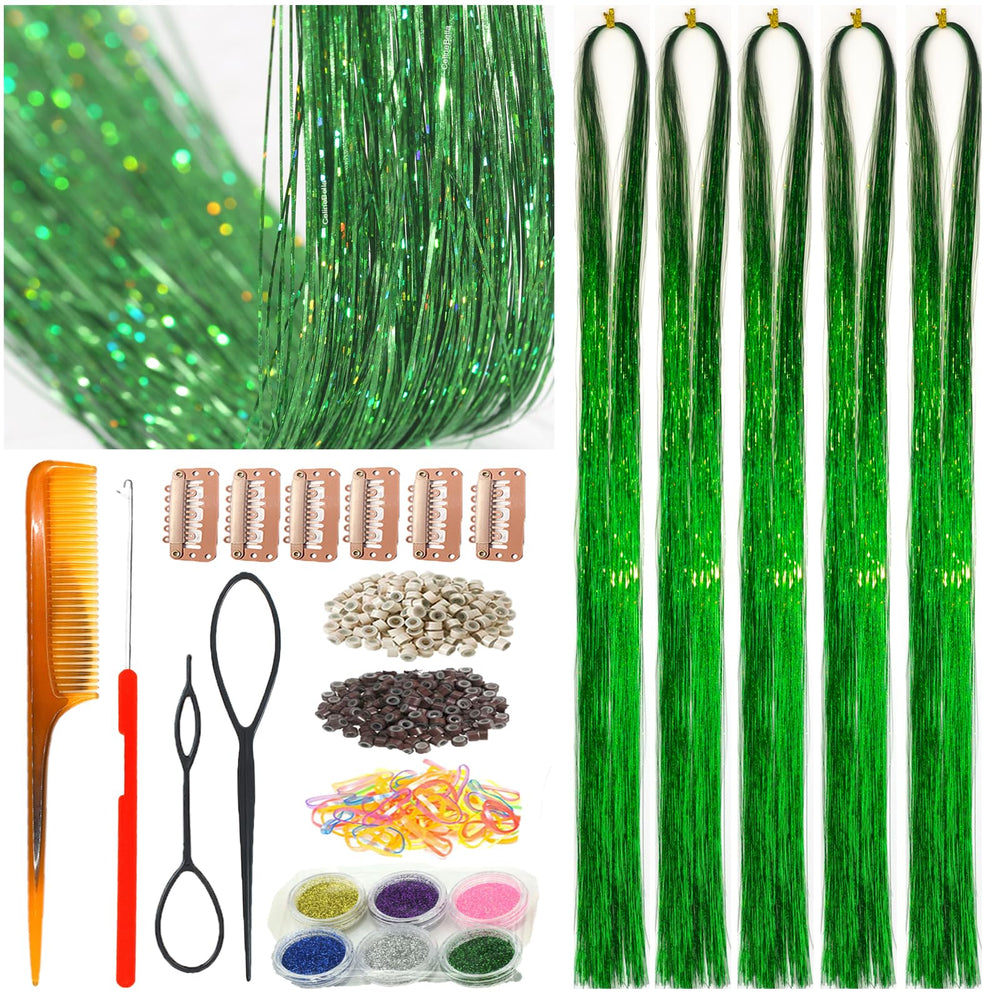 CelineBella green hair tinsel adds sparkling highlights for a festive 48 inch look.