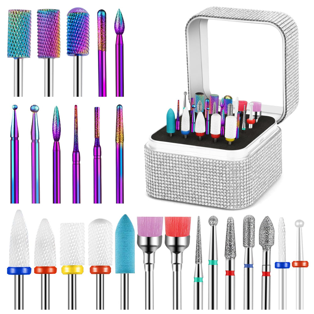 Cellentool nail drill bits set stored in a box for organized home manicures.