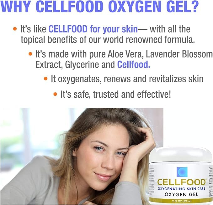 Cellfood Oxygen Gel texture close-up highlights aloe and lavender hydration for refreshed skin.