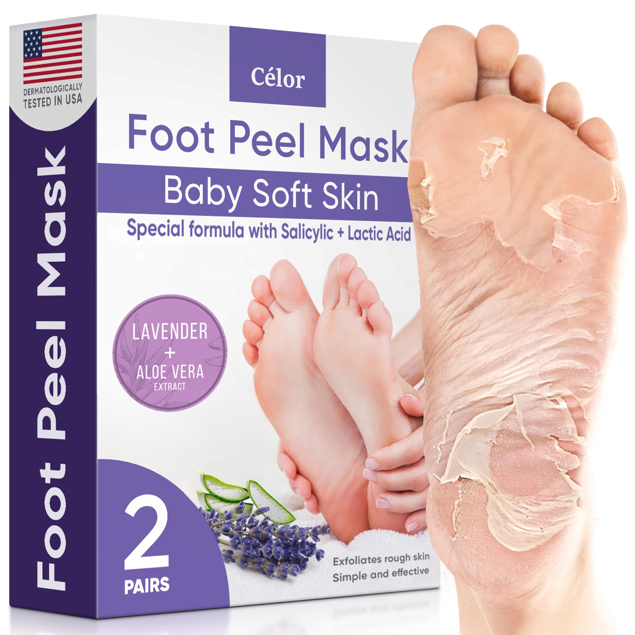 CÉLOR Foot Peel Mask en empaque lavanda para cuidado suave de pies en casa.
