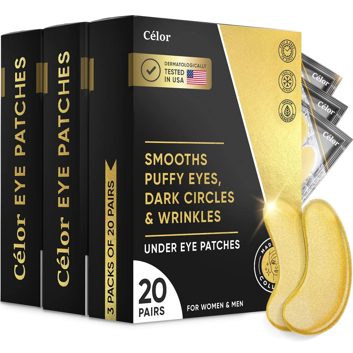 CÉLOR Celor under eye patches in golden packaging for spa-like self-care at home.