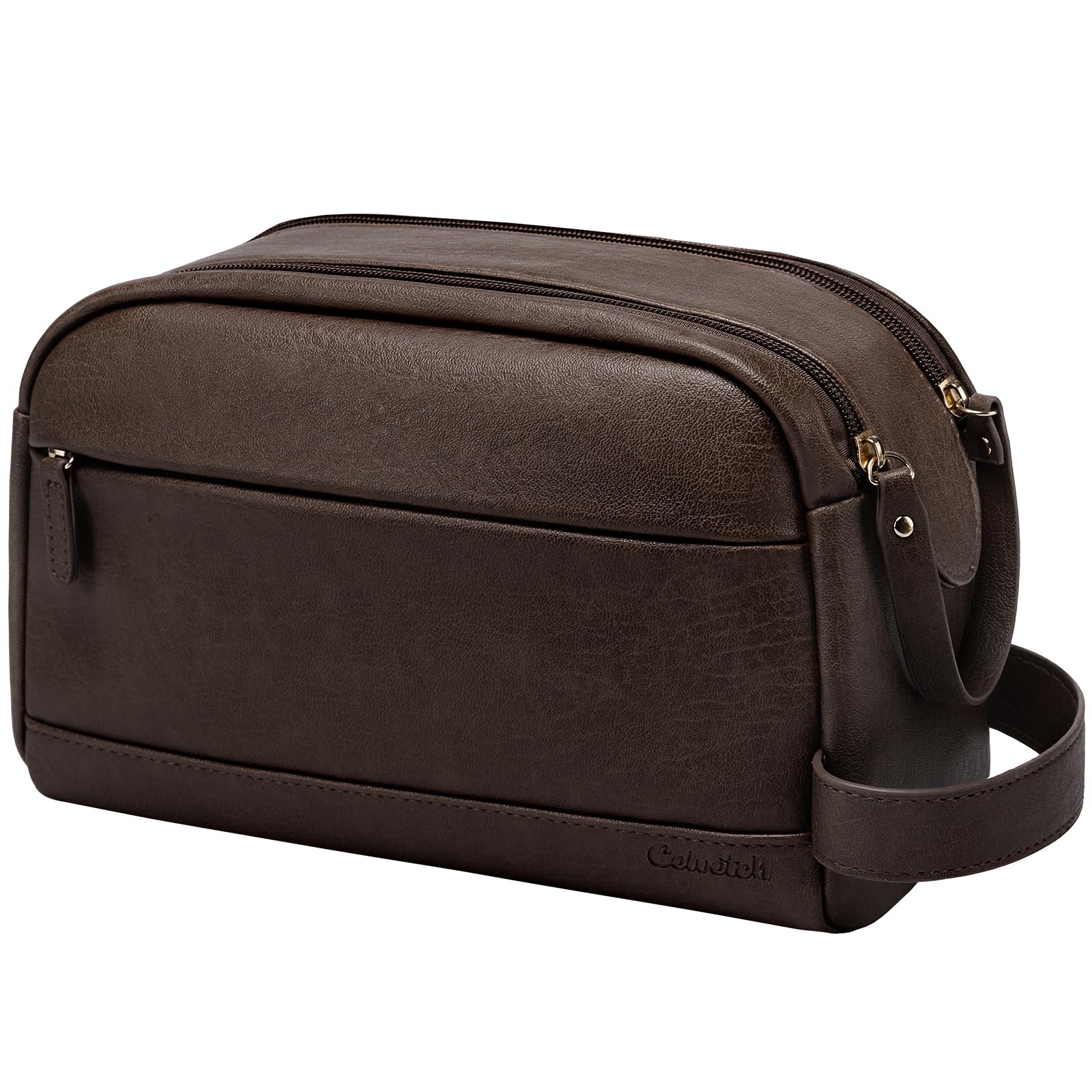 Celvetch dark brown front view of the leather toiletry bag with upright structure.