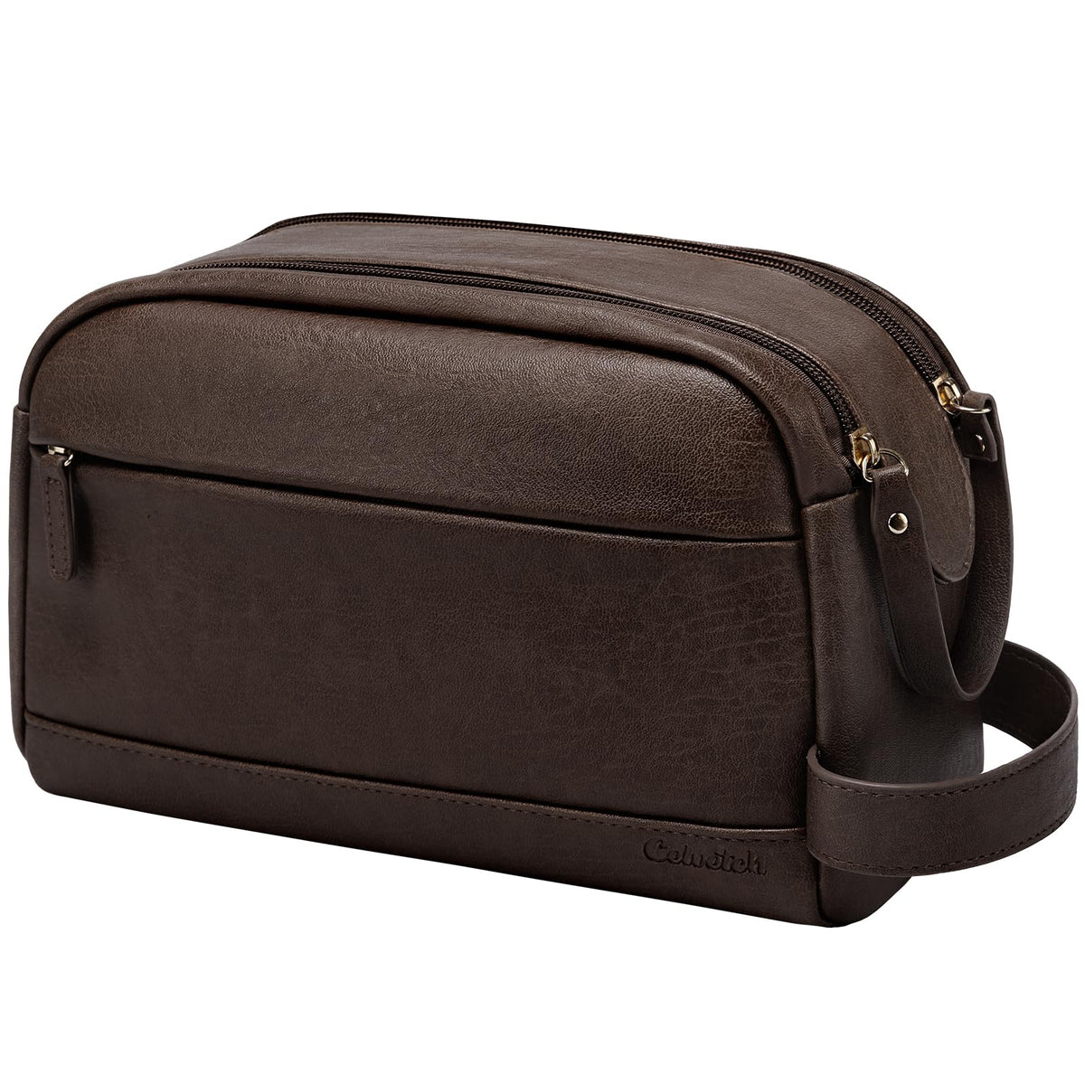 Celvetch dark brown front view of the leather toiletry bag with upright structure.