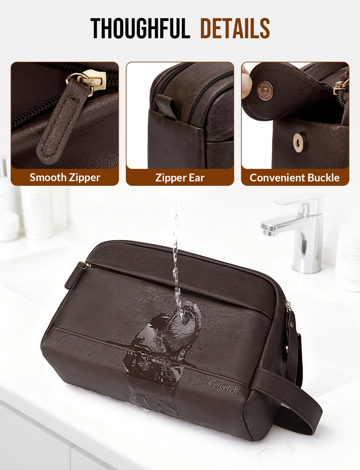 Celvetch water-resistant bag protects toiletries during travel.