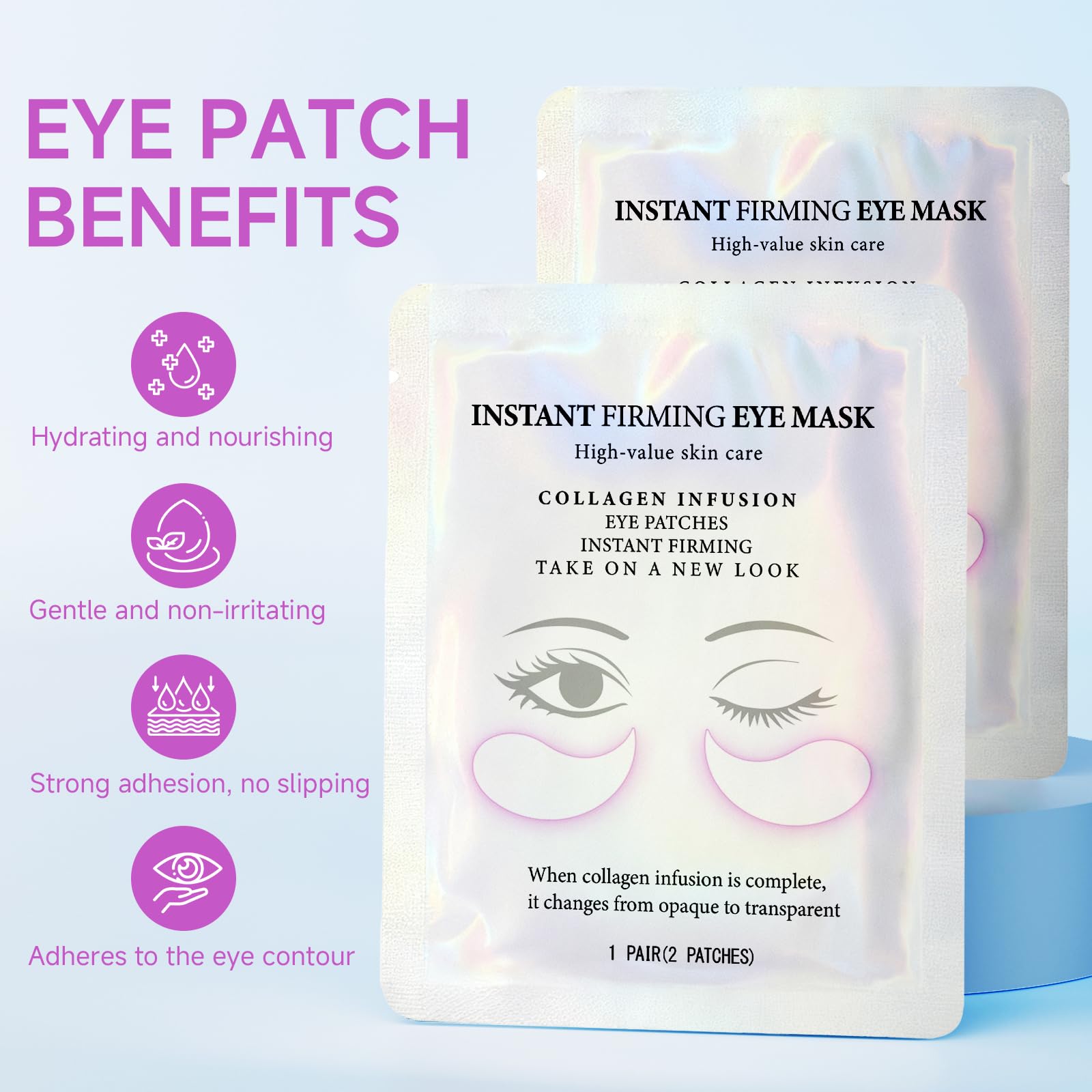 Cemsazorl eye patches placed on the eye area for hydration and cooling.