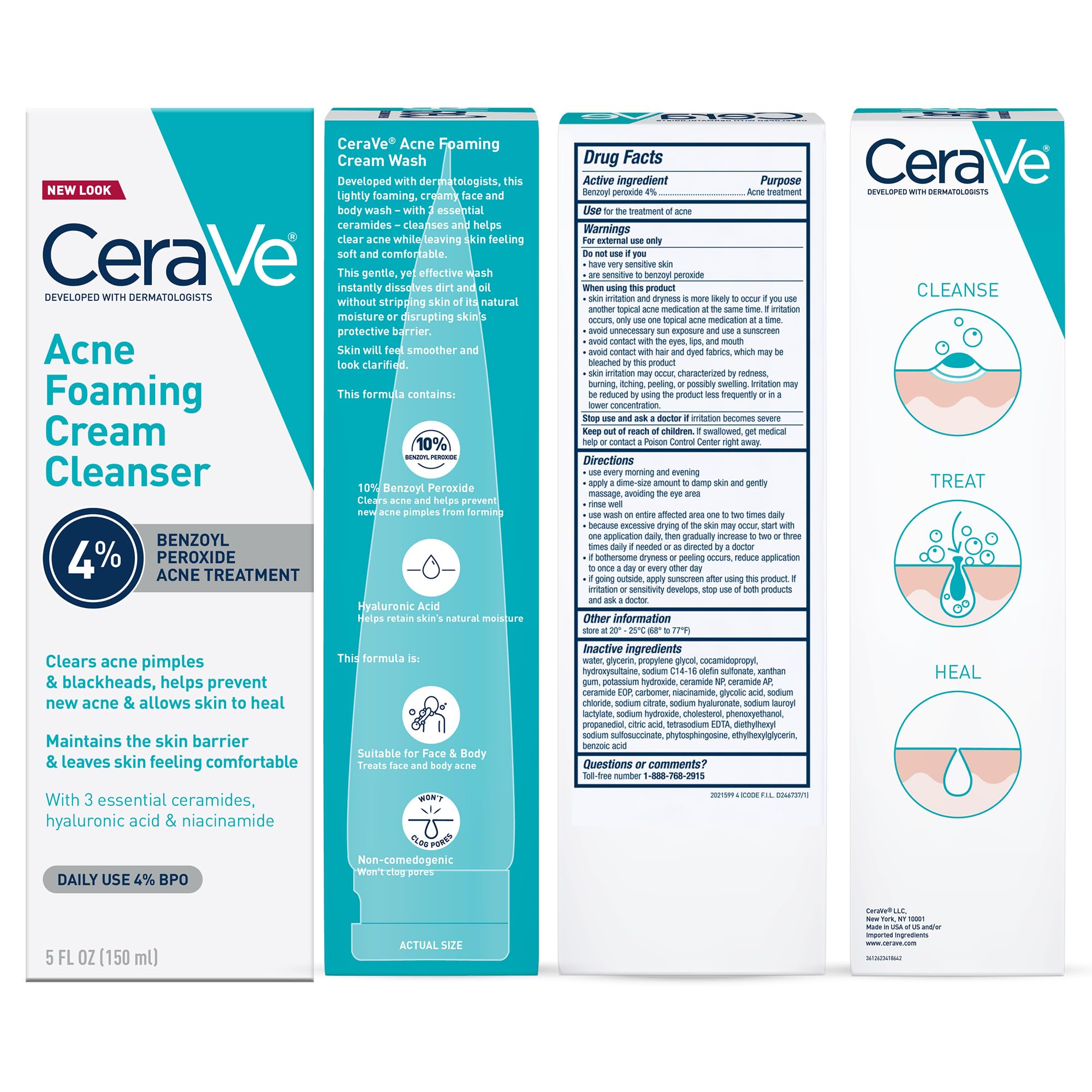 CeraVe Acne Foaming Cream Cleanser, uso diario con peróxido de benzoilo al 4% para limpieza facial.
