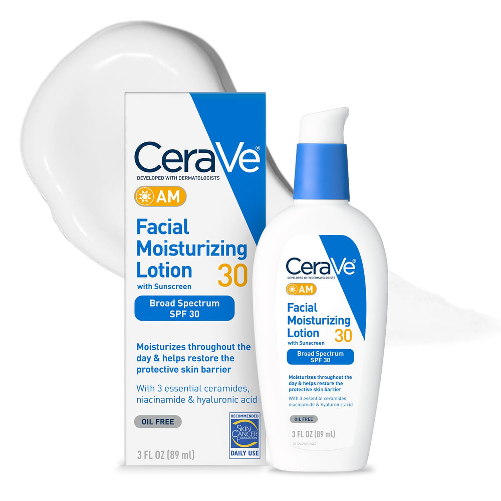 CeraVe AM loción facial SPF30 en envase práctico para uso diario.
