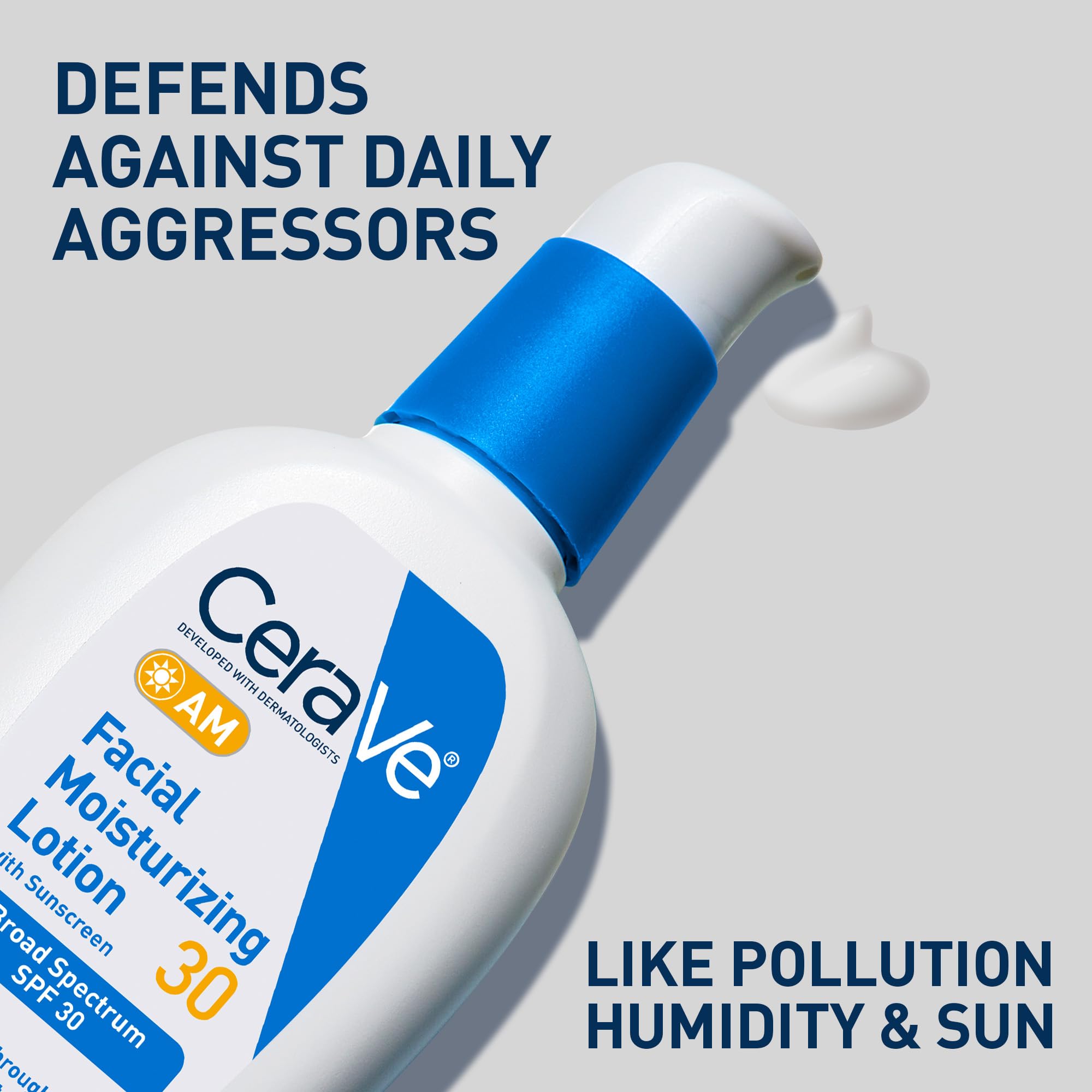 CeraVe AM ofrece protección UVA/UVB de amplio espectro con SPF 30 para la piel diaria.