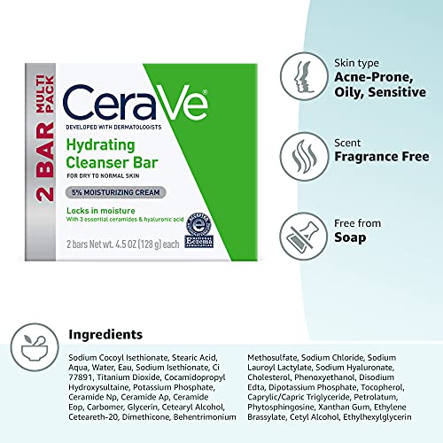 CeraVe barra limpiadora con ceramidas y ácido hialurónico para cuidado diario.
