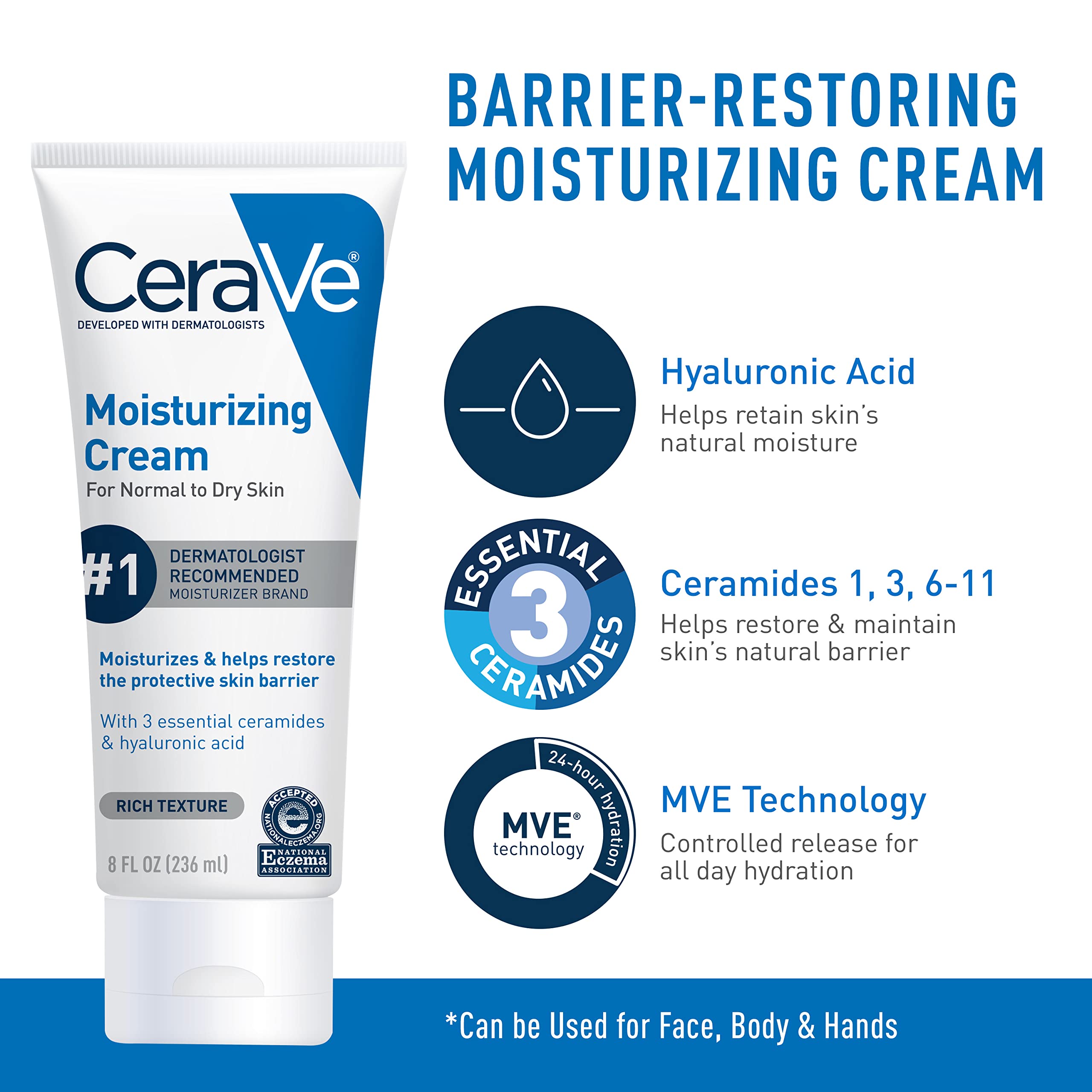 CeraVe ceramides and hyaluronic acid ingredients graphic explains barrier support and moisture.