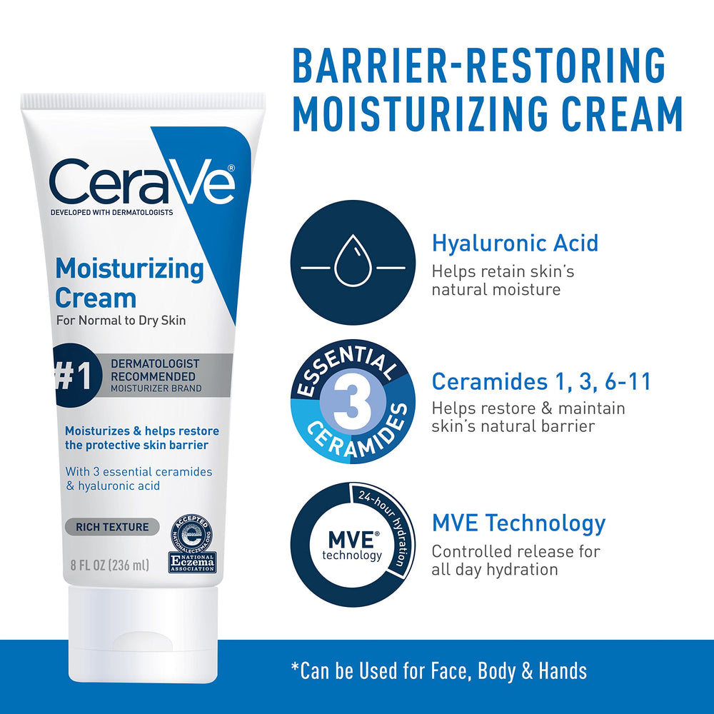 CeraVe ceramides and hyaluronic acid ingredients graphic explains barrier support and moisture.